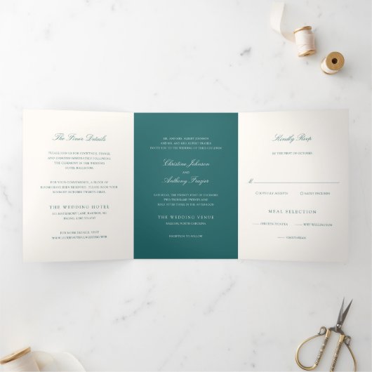Invitation Trois Volets Old Money Teal Classic Wedding (Intérieur)