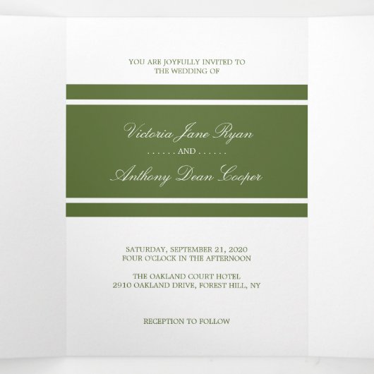Invitation Trois Volets Olive foncé Vert Mariage moderne Suite (Intérieur au milieu)