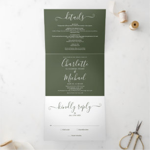 Invitation Trois Volets Olive Green Elegant moderne Mariage de script de p