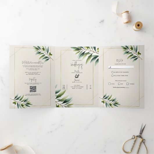 Invitation Trois Volets Olive vert Olive Leaf Bone Blanc & Or Russe Mariag (Intérieur)