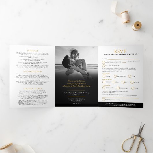 Invitation Trois Volets Option de repas de mariage à feuille d'or noir ave (Intérieur)