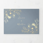 Invitation Trois Volets Or Bleu Poussiéreux Fleur Photo Mariage (Page de couverture)