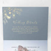 Invitation Trois Volets Or Bleu Poussiéreux Fleur Photo Mariage (Intérieur en premier)