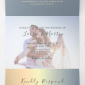 Invitation Trois Volets Or Bleu Poussiéreux Fleur Photo Mariage (Intérieur au milieu)