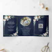 Invitation Trois Volets Or Rustique Coton Eucalyptus Code QR Marine Mariag (Intérieur)