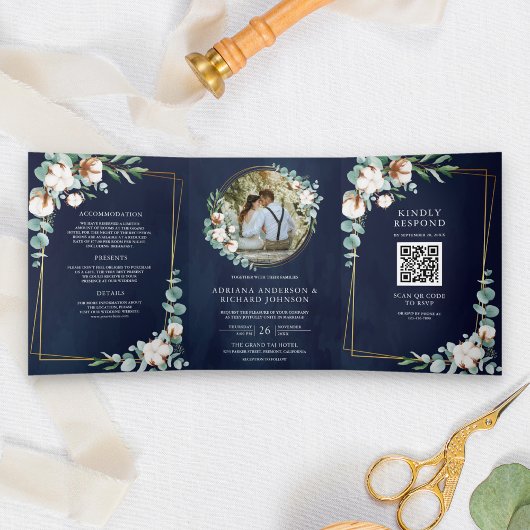 Invitation Trois Volets Or Rustique Coton Eucalyptus Code QR Marine Mariag