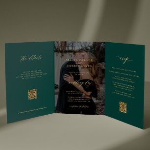 Invitation Trois Volets Or vert émeraude photo mariage détails RSVP QR