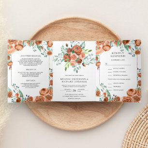Invitation Trois Volets Orange Floral Terme Brûlé 3 en 1 Mariage