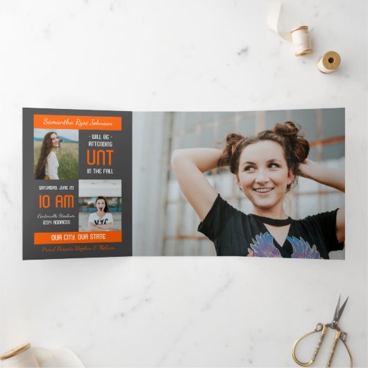 Invitation Trois Volets Orange Moderne Bloc 5-Photo Graduation (Intérieur)