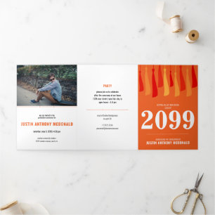 Invitation Trois Volets Orange Row of Tassels 3-Photo Graduation