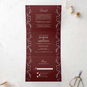 Invitation Trois Volets Ornate Silver Floral Swirls on Burgundy Wedding