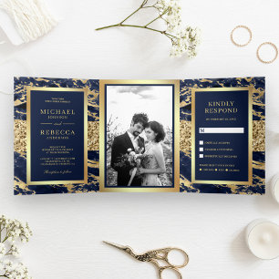Invitation Trois Volets Paillettes dorées Bleu marine Marbre Photo Mariage
