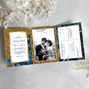 Invitation Trois Volets Paillettes dorées Mariage Photo Marbre Bleu Royal