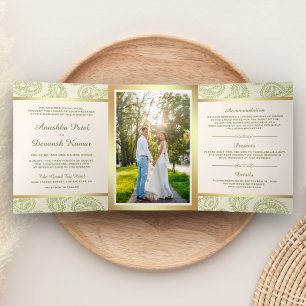 Invitation Trois Volets Paisley vert et or style indien Mariage photo