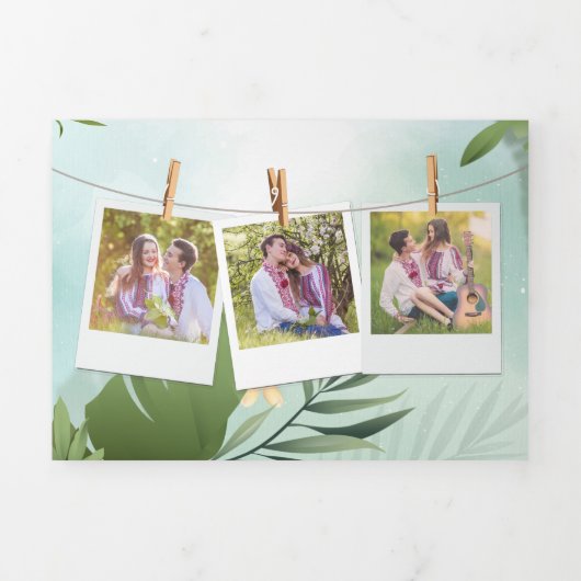 Invitation Trois Volets Palm Feuille String Lights Photo Collage Mariage (Page de couverture)