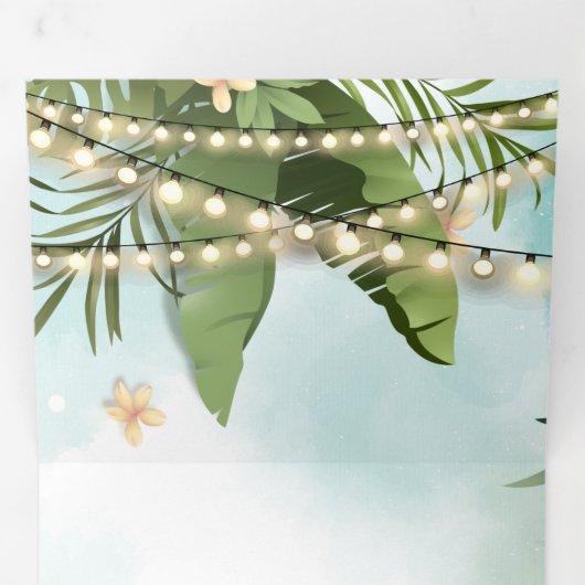 Invitation Trois Volets Palm Feuille String Lights Photo Collage Mariage (Intérieur en premier)