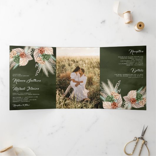 Invitation Trois Volets Palme d'ivoire Terme Pampas Sage Mariage vert (Intérieur)
