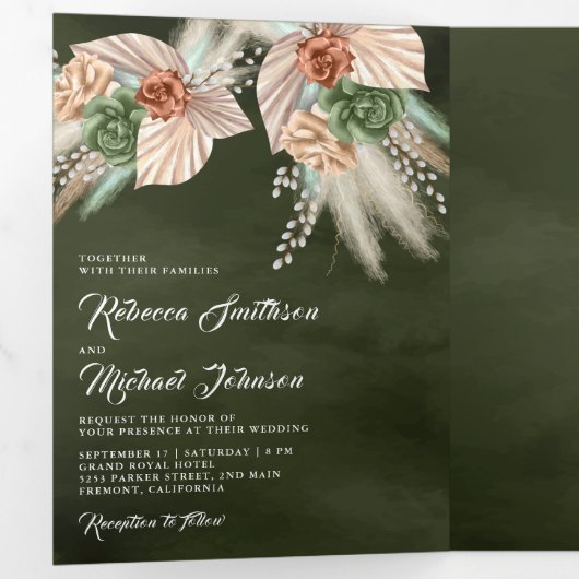 Invitation Trois Volets Palme d'ivoire Terme Pampas Sage Mariage vert (Intérieur en premier)