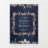 Invitation Trois Volets Palmier séché tropical Feuille Mariage bleu marine (Page de couverture)