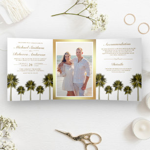 Invitation Trois Volets Palmiers tropicaux de plage Photo Mariage