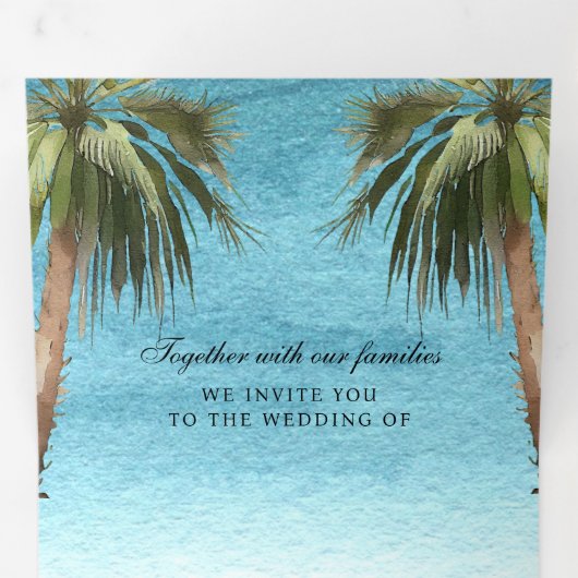 Invitation Trois Volets Palmiers tropicaux Plage moderne QR Code Mariage (Intérieur en premier)