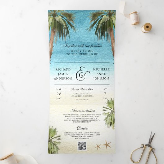 Invitation Trois Volets Palmiers tropicaux Plage moderne QR Code Mariage (Intérieur)