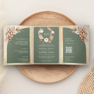Invitation Trois Volets Pampas Beige Terne Floral Vert Sauge Mariage