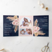 Invitation Trois Volets Pampas Grass Dusty Rose Roses Marine Mariage bleu (Intérieur)