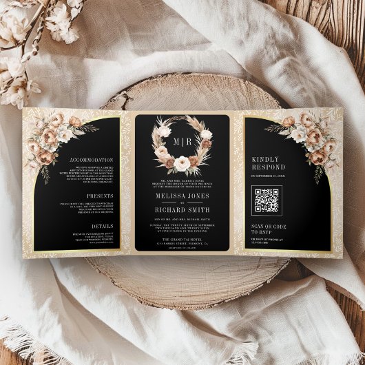 Invitation Trois Volets Pampas Neutral Beige Terre Floral Mariage noir
