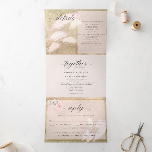 Invitation Trois Volets Pampas Rose en or (Intérieur)
