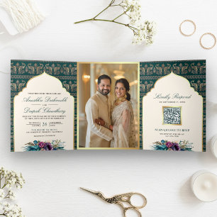 Invitation Trois Volets Paon sarcelle ivoire motif floral mariage indien