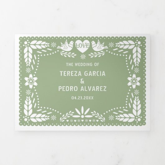 Invitation Trois Volets Pape vert Sage picado inséparables mariage (Page de couverture)