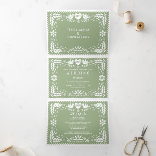 Invitation Trois Volets Pape vert Sage picado inséparables mariage (Intérieur)