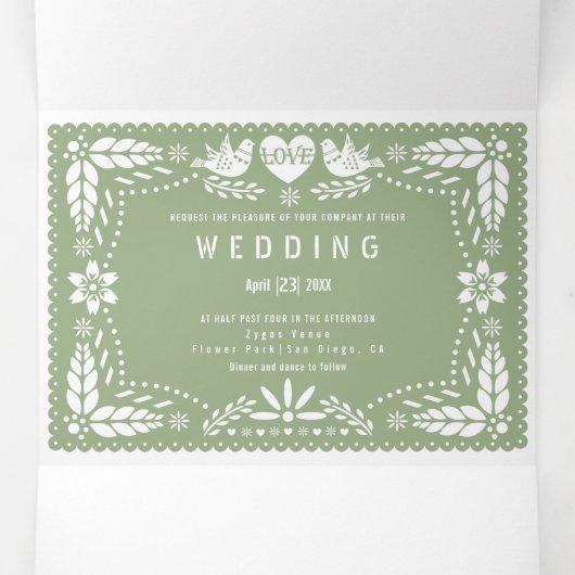 Invitation Trois Volets Pape vert Sage picado inséparables mariage (Intérieur au milieu)
