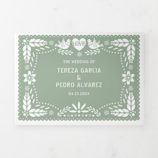 Invitation Trois Volets Pape vert Sage picado inséparables mariage (Page de couverture)