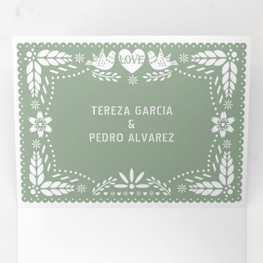 Invitation Trois Volets Pape vert Sage picado inséparables mariage (Intérieur en premier)