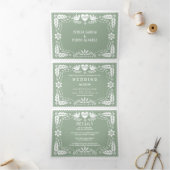Invitation Trois Volets Pape vert Sage picado inséparables mariage (Intérieur)