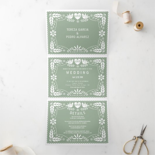 Invitation Trois Volets Pape vert Sage picado inséparables mariage (Intérieur)
