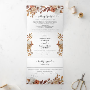Invitation Trois Volets Papier aquarelle automne mariage élégant triptyque