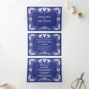 Invitation Trois Volets Papier bleu foncé picado inséparables mariage