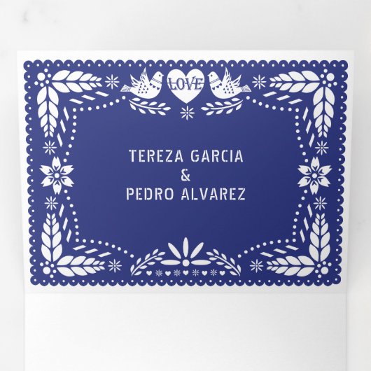 Invitation Trois Volets Papier bleu foncé picado inséparables mariage (Intérieur en premier)
