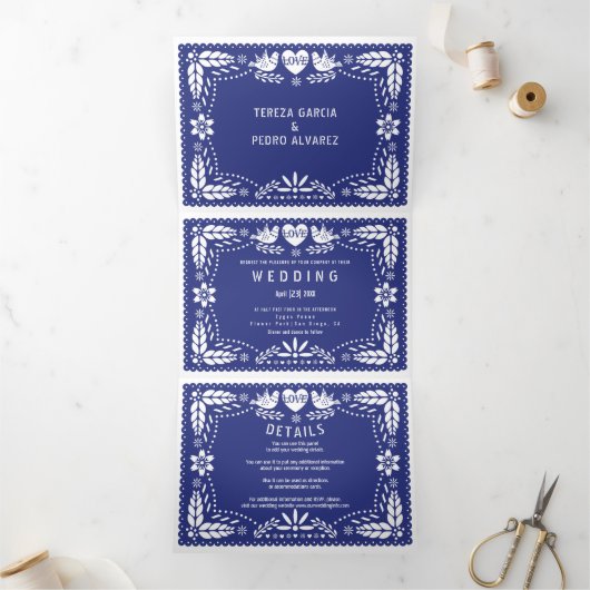 Invitation Trois Volets Papier bleu foncé picado inséparables mariage (Intérieur)