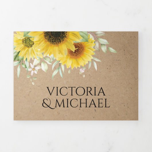 Invitation Trois Volets Papier Kraft Mariage Tournesol Campagnard Rustique (Page de couverture)