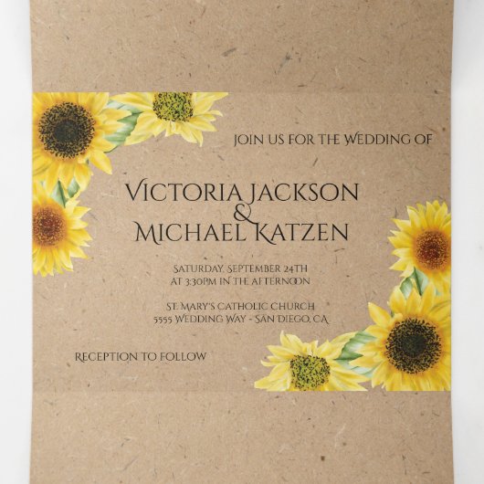 Invitation Trois Volets Papier Kraft Mariage Tournesol Campagnard Rustique (Intérieur au milieu)
