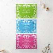 Invitation Trois Volets Papier rose bleu vert picado lovebirds mariage (Intérieur)