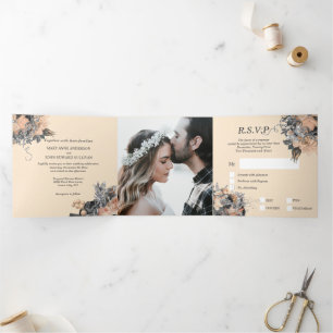 Invitation Trois Volets Papillon rose argent de pêche d'été mariage