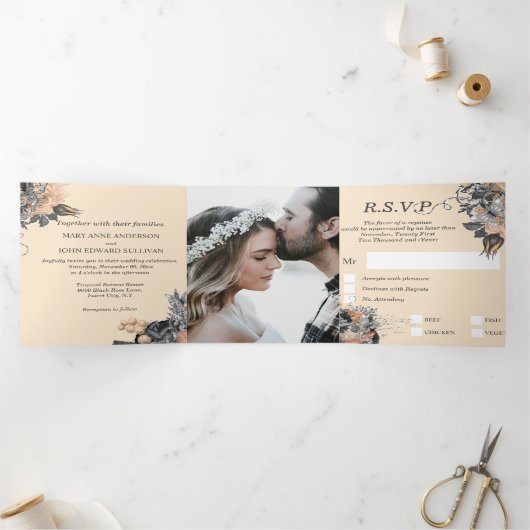 Invitation Trois Volets Papillon rose argent de pêche d'été mariage (Intérieur)