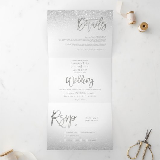 Invitation Trois Volets Parties scintillant argent chic typographie mariag (Intérieur)