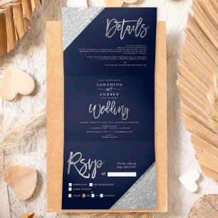 Invitation Trois Volets Parties scintillant argent chic typographie marine