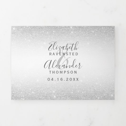 Invitation Trois Volets Parties scintillant argent ombre blanc script chic (Page de couverture)